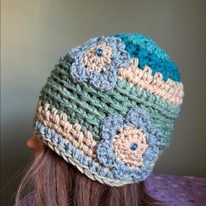 Handmade Multicolor Crochet Beanie with blue Flowers Accent medium acrylic